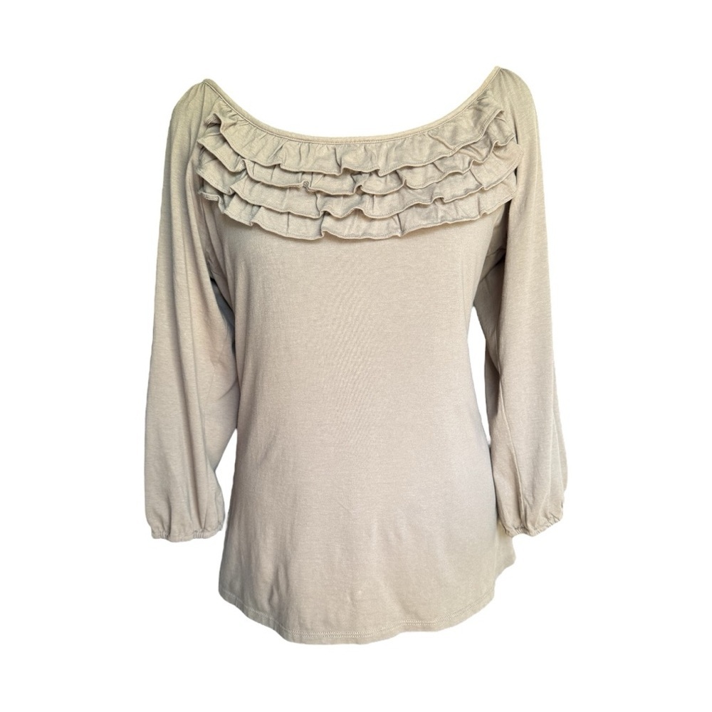 NWOT Garnet Hill Cream Taupe Ruffled 3/4 Sleeve Blouse